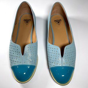 Fluevog Sue flat, light blue and teal, size 9
